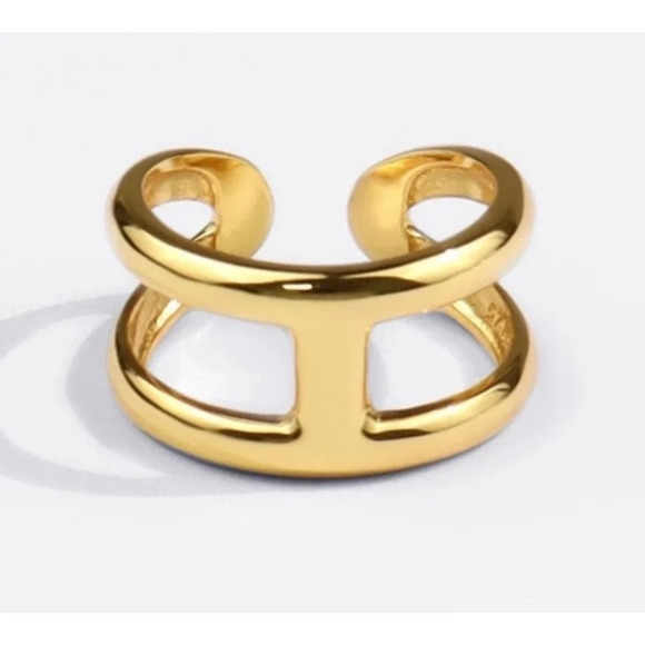 NEW Unisex‎ H-Bar Ring, Gold Plated S925 Band, Adjustable 10.5mm - Picture 1 of 14
